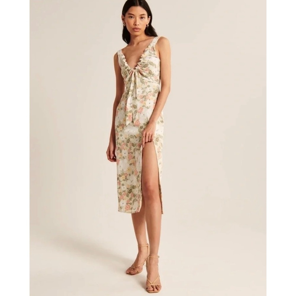 NWT A&F Cinched Neck Slip Midi Dress Pale Green Floral S Petite Wedding Vacation